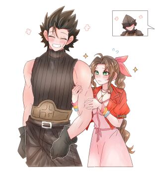 1girl 2boys 7_(milu577610) aerith_gainsborough bare_shoulders belt belt_buckle black_gloves black_hair black_pants black_sweater blush bracelet braid braided_ponytail brown_hair buckle closed_eyes closed_mouth commentary_request couple cowboy_shot crisis_core:_final_fantasy_vii cross_scar dress facial_scar facing_viewer final_fantasy final_fantasy_vii final_fantasy_vii_remake flying_sweatdrops gloves green_eyes grin hair_ribbon height_difference helmet hetero highres holding_another&#039;s_arm jacket jewelry kunsel long_hair multiple_boys pants parted_bangs pink_dress pink_ribbon red_jacket ribbed_sweater ribbon scar scar_on_cheek scar_on_face short_hair simple_background sleeveless sleeveless_turtleneck smile sparkle spiked_hair sweater turtleneck turtleneck_sweater zack_fair