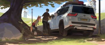 1boy 2girls animal_ear_fluff animal_ears arknights black_horns black_pants brown_hair brown_shoes brown_sweater brown_tail car character_request check_character commentary craft_lawrence day english_commentary full_body grey_hair grey_shirt hands_on_own_legs hands_on_own_thighs highres holding holding_map holo horns lamppost leaning leaning_forward long_hair looking_at_another map mixed-language_commentary motor_vehicle multiple_girls northkiyou open_mouth outdoors pants pointing saria_(arknights) shirt shoes short_hair spice_and_wolf sweater tail toyota_land_cruiser windmill