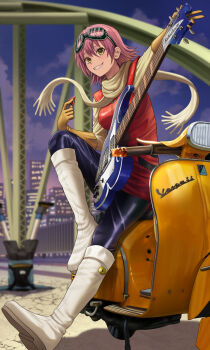 Rule 34 | 1boy, 1girl, bass guitar, blue hoodie, blush, breasts, bridge, cityscape, flcl, gloves, goggles, goggles on head, green eyes, guitar, haruhara haruko, highres, hood, hoodie, instrument, looking at viewer, motor vehicle, nandaba naota, on scooter, outdoors, pink hair, rickenbacker, rickenbacker 4001, scarf, scooter, short hair, shorts, silvertsuki, smile, vespa, yellow eyes