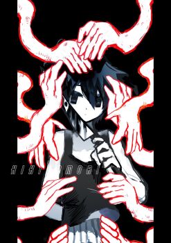 Rule 34 | 1boy, bare arms, bare shoulders, black background, closed mouth, commentary, cowboy shot, empty eyes, english commentary, extra arms, eyebrows hidden by hair, fingernails, greyscale, hand up, hands on another's head, highres, holding, holding knife, honshiya, knife, male focus, monochrome, no pupils, omori, omori (omori), pants, pillarboxed, short hair, simple background, solo, something (omori), spot color, standing, straight-on, striped clothes, striped pants, surrounded by hands, tank top, vertical-striped clothes, vertical-striped pants