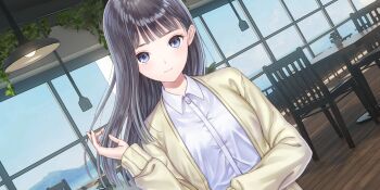 1girl black_hair blue_reflection_(series) blue_reflection_sun blue_sky blunt_bangs breasts cafe ceiling_light chair closed_mouth day dutch_angle game_cg hand_up hanging_plant highres indoors ivy jacket kishida_mel large_breasts light_smile long_sleeves looking_at_viewer non-web_source official_art open_clothes open_jacket plant potted_plant purple_eyes shirt sky solo straight_hair table white_shirt window wooden_floor xiao_meiqi yellow_jacket