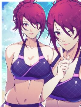 1girl alternate_hairstyle bare_shoulders beach bikini breasts cleavage cloud cloudy_sky corner50777313 hair_up highres kirijou_mitsuru large_breasts looking_at_viewer navel ocean one_eye_closed outdoors persona persona_3 pink_lips red_eyes red_hair sand shiny_clothes shiny_skin sky solo swimsuit water