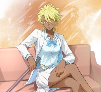 1girl bleach blonde_hair breasts closed_mouth collarbone colored_eyelashes couch crossed_legs crowbar deadman70232800 espada female_focus green_eyes highres holding holding_weapon jacket lips official_alternate_costume school_uniform short_hair sitting skirt tier_harribel weapon white_jacket