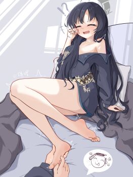 !? +++ 1boy 1girl :d :p ^_^ absurdres adapted_costume alternate_hairstyle arm_at_side banbanban_li bare_legs barefoot black_dress black_hair blue_archive blush chinese_commentary closed_eyes collarbone commentary_request doodle_sensei_(blue_archive) dragon_print dress eyelashes facing_viewer feet full_body furrowed_brow grey_halo hair_between_eyes hair_down hair_over_shoulder halo hand_up highres holding_another's_foot indoors kisaki_(blue_archive) knees_together_feet_apart laughing legs long_hair long_sleeves messy_hair nose_blush on_bed open_mouth parted_lips pov pov_hands print_dress rubbing_eyes saliva sensei_(blue_archive) short_dress single_bare_shoulder sitting sleepy smile soles solo_focus speech_bubble spoken_character squeans squiggle surprised thighs tickling tickling_feet toes tongue tongue_out twitching very_long_hair waking_up yokozuwari