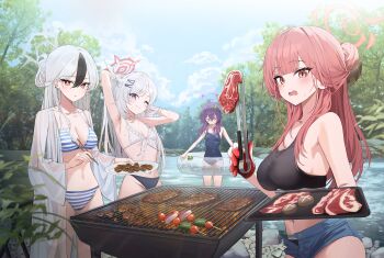 &gt;_&lt; 4girls ;) absurdres aru_(blue_archive) bikini black_bikini black_hair blue_archive blue_one-piece_swimsuit blue_sky blush breasts brochette commentary_request cooking denim denim_shorts food grill grilling halo haruka_(blue_archive) highres holding holding_swim_ring innertube kayoko_(blue_archive) large_breasts long_hair looking_at_viewer meat medium_breasts midriff mismatched_bikini multicolored_hair multiple_girls mutsuki_(blue_archive) nagul navel one-piece_swimsuit one_eye_closed open_mouth orange_eyes outdoors problem_solver_68_(blue_archive) purple_eyes purple_halo raw_meat red_eyes red_hair red_halo river shorts sky small_breasts smile striped_bikini striped_clothes swim_ring swimsuit two-tone_hair unbuttoned very_long_hair white_bikini white_hair white_halo