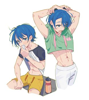 1girl abs androgynous arms_up bare_arms black_sleeves blue_eyes blue_hair blue_sports_bra blush bottle clothes_lift collarbone commentary cowboy_shot crop_top cropped_hoodie cropped_legs drawstring green_hoodie hair_between_eyes hand_up highres hood hood_down hoodie kiritani_haruka le0niigo looking_at_viewer looking_to_the_side lower_teeth_only midriff multiple_views muscular muscular_female navel open_mouth pants project_sekai raglan_sleeves reverse_trap shirt shirt_lift short_hair short_sleeves shorts sidelocks simple_background sitting sleeveless sleeveless_hoodie sports_bottle sports_bra standing stomach stretching sweat symbol-only_commentary t-shirt teeth twitter_username very_short_hair very_sweaty white_background white_pants wiping_face wiping_sweat yellow_shorts