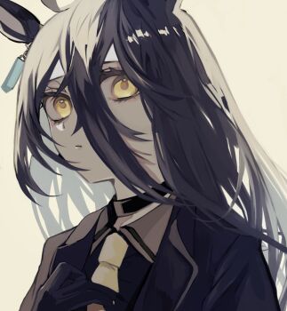 1girl ahoge animal_ears black_choker black_coat black_gloves black_hair black_shirt choker closed_mouth coat commentary_request contrast_collar ear_ornament ear_tag earrings gloves hair_between_eyes hand_up horse_ears horse_girl jewelry long_hair long_hair_between_eyes long_sleeves manhattan_cafe_(creeping_black)_(umamusume) manhattan_cafe_(umamusume) mii_(sogemasaru) multicolored_hair necktie shirt simple_background single_earring solo umamusume white_background white_hair yellow_eyes yellow_necktie