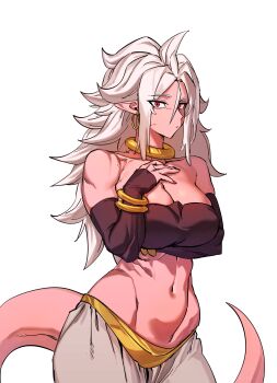 1girl absurdres android_21 breasts cleavage colored_skin commentary_request crop_top detached_sleeves dragon_ball dragon_ball_fighterz full_body highres jewelry kneeling large_breasts long_hair long_tongue looking_at_viewer majin_android_21 midriff navel neck_ring pants pink_skin red_eyes solo tail toned toned_female tongue white_hair white_pants zequung