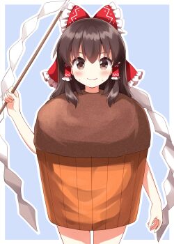 Rule 34 | 1girl, blue background, blush, border, bow, brown eyes, brown hair, closed mouth, commentary, commentary request, cowboy shot, cupcake, english commentary, food, food costume, frilled bow, frilled hair tubes, frills, gohei, hair bow, hair tubes, hakurei reimu, highres, holding, holding gohei, mixed-language commentary, outline, outside border, red bow, ruu (tksymkw), short hair, simple background, smile, solo, touhou, white border, white outline
