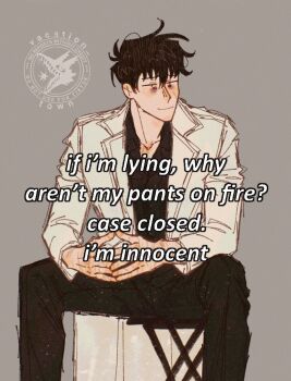 Rule 34 | 1boy, bags under eyes, black hair, black shirt, coat, commentary, constricted pupils, elbow on leg, english commentary, english text, exhausted, feet out of frame, highres, kim dokja, male focus, meme, omniscient reader's viewpoint, shirt, short hair, sitting, solo, spread legs, steepled fingers, vacation town, white coat