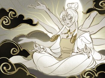 Rule 34 | 1girl, black eyes, buddhism, cloud, cookie run, cookie run: kingdom, extra arms, guanyin, hair bun, highres, indian style, jugenxiannu196, long hair, looking at viewer, mystic flour cookie, pale skin, robe, sitting, slit pupils, solo, white hair, white robe