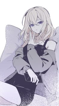 1girl absurdres aquaregia_(you_ge) bang_dream! bang_dream!_it's_mygo!!!!! bare_shoulders black_dress blonde_hair chinese_commentary commentary_request cowboy_shot crescent crescent_necklace dress grey_jacket hand_up highres holding holding_phone jacket jewelry leaning_back long_sleeves looking_at_viewer medium_hair misumi_uika necklace off_shoulder open_clothes open_jacket parted_lips phone pillow purple_eyes sitting solo white_background