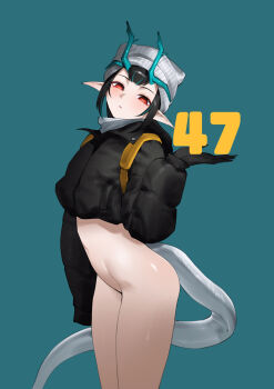 1girl absurdres arknights bare_legs beanie black_gloves black_jacket blush bottomless closed_mouth commentary cropped_jacket dragon_girl dragon_horns dragon_tail dusk_(arknights) ghosty_(xiaobai) gloves hat highres horns jacket looking_at_viewer navel no_pupils pointy_ears red_eyes single_sleeve_past_fingers solo stomach tail white_hat
