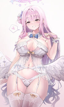 Rule 34 | 1girl, alternate costume, babydoll, blue archive, blush, bra, breasts, cleavage, commentary, cowboy shot, feathered wings, frilled bra, frills, garter belt, halo, hand up, heart, highres, large breasts, laseri, lingerie, long hair, looking at viewer, low wings, mika (blue archive), navel, panties, pink hair, pink halo, revision, simple background, smile, solo, spoken heart, stomach, thighhighs, underwear, underwear only, white background, white bra, white garter belt, white panties, white thighhighs, white wings, wing ornament, wings, wrist wrap, yellow eyes