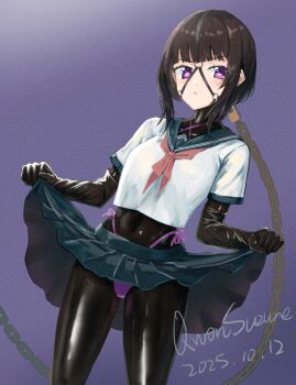 1girl black_gloves blush bodysuit bodysuit_under_clothes bound breasts brown_hair clothes_lift collarbone crop_top crop_top_overhang elbow_gloves gag_harness gloves highleg highleg_panties idolmaster idolmaster_cinderella_girls impossible_bodysuit impossible_clothes latex latex_bodysuit long_hair looking_to_the_side panties pleated_skirt purple_eyes purple_panties qwonsuzune restrained shirayuki_chiyo shirt_overhang skin_tight skirt skirt_lift small_breasts solo standing underwear