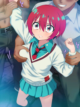 1girl 2boys amate_yuzuriha colosseum20xx commentary_request grabbing_another's_breast groping gundam gundam_gquuuuuux hetero highres imminent_gangbang imminent_rape loli molestation multiple_boys necktie red_hair scared school_uniform short_hair skirt sweater white_sweater