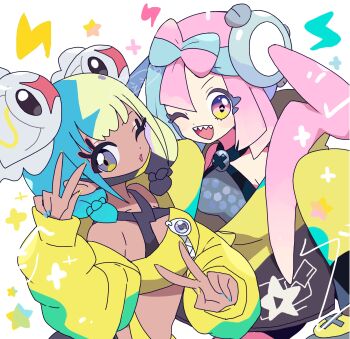 2girls alternate_hairstyle canari_(pokemon) hairstyle_switch highres iono_(pokemon) multiple_girls nintendo one_eye_closed pokemon pokemon_legends:_z-a pokemon_sv yoshishi_(yosisitoho)