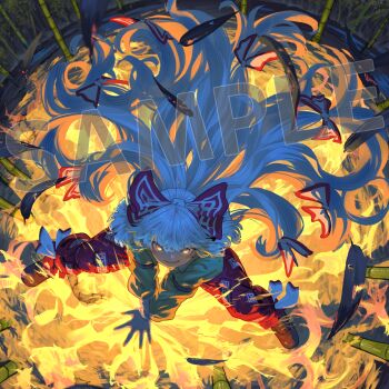 Rule 34 | 1girl, bamboo, bamboo forest, bow, collared shirt, commentary request, fire, forest, friend characters, fujiwara no mokou, grey hair, grey shirt, grin, hair bow, kajatony, long hair, long sleeves, multiple hair bows, nature, ofuda, ofuda on clothes, outdoors, pants, pyrokinesis, red eyes, red pants, sample watermark, shirt, smile, solo, touhou, very long hair, watermark