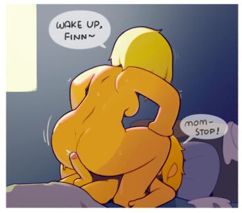 1boy 1girl adventure_time age_difference ass bed blanket blonde_hair breasts character_request colored_skin completely_nude cowgirl_position english_text erection finn_the_human foreskin girl_on_top hetero imminent_penetration incest indoors mature_female medium_breasts minerva_campbell mother_and_son nude on_bed penis pillow shota source_request speech_bubble squatting_cowgirl_position straddling ta777371 tan tanline testicles waking_another