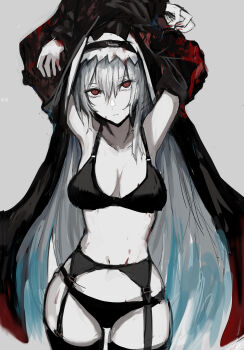 Rule 34 | absurdres, arknights, armpits, arms up, black bra, black headwear, black panties, blood, blood on body, blood on clothes, blood stain, bra, chuhaibane, clothes lift, garter belt, grey hair, habit, highres, long hair, looking at viewer, nun, panties, red eyes, simple background, specter (arknights), underwear, very long hair
