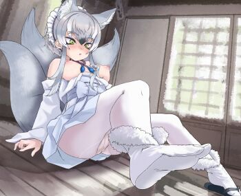 1girl absurdres animal_ear_fluff animal_ears arm_support black_hair blush breasts chestnut_mouth commission crotch_seam detached_sleeves extra_ears forked_eyebrows frilled_hairband frills full_body fur_trim green_eyes grey_hair grey_kimono grey_tail hair_between_eyes hairband highres indoors japanese_clothes kemono_friends kemono_friends_3 kimono knees_up leaning_back makami_(kemono_friends) medium_breasts multicolored_eyes multicolored_hair multiple_tails nipples no_bra on_floor panties panties_under_pantyhose pantyhose parted_lips pixiv_commission sandals sash short_hair_with_long_locks sitting solo tabi tail toriny two-tone_eyes underwear veins veiny_breasts white_hair white_panties white_pantyhose wolf_ears wolf_girl wolf_tail wooden_floor yellow_eyes zouri