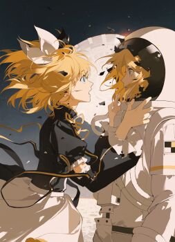 2girls absurdres black_ribbon black_shirt blonde_hair blue_eyes broken_helmet chongzhen_085 debris detached_sleeves dual_persona face-to-face floating_hair from_side hair_ornament hair_ribbon hairclip highres kagamine_rin kagamine_rin_(reactor) machinery multiple_girls nuclear_reactor on_moon open_mouth puffy_short_sleeves puffy_sleeves ribbon roshin_yuukai_(vocaloid) shirt short_hair short_sleeves skirt space spacesuit surprised upper_body vocaloid white_ribbon white_skirt wide-eyed