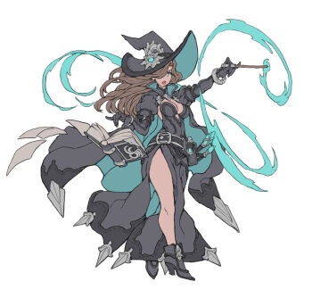 Rule 34 | 1girl, :o, belt, black belt, black cape, black dress, black gloves, black hat, black ribbon, black shoes, book, breasts, brown hair, cape, casting spell, check copyright, cleavage, commentary, copyright request, curtained hair, dress, elbow gloves, english commentary, fire, floating, floating book, floating clothes, floating hair, floating object, gloves, green cape, green eyes, green fire, green hat, hair over one eye, hat, hat ornament, hat ribbon, high heels, highres, holding, holding wand, long hair, medium breasts, nrcgray, open book, open mouth, original, potion, ribbon, shoes, side slit, simple background, solo, strapless, strapless dress, test tube, two-sided fabric, v-shaped eyebrows, wand, white background, witch, witch hat