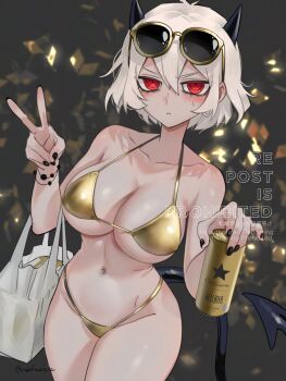 Rule 34 | 1girl, bare shoulders, bikini, black nails, blush, breasts, can, demon, demon girl, demon horns, demon tail, eyewear on head, gold bikini, helltaker, highres, holding, holding can, horns, looking at viewer, malina (helltaker), navel, noah (tettsui-sole), red eyes, salute, standing, sweat, swimsuit, tail, thighs, two-finger salute, white hair