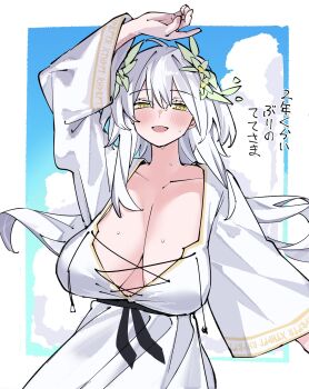 1girl black_sash blush breasts cleavage cloud collarbone colored_eyelashes commentary_request dress gold_trim hair_between_eyes highres huge_breasts large_breasts leaf leaf_on_head long_hair looking_at_viewer medium_hair original outdoors pointy_breasts rinrikoko sagging_breasts sash simple_background sky smile solo sweat tented_shirt unkempt waist_cape white_hair yellow_eyes