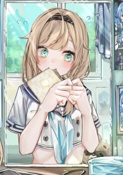 1girl blonde_hair blue_eyes blue_neckerchief bread commentary_request food highres hololive kazama_iroha long_hair looking_at_mirror mirror neckerchief sailor_collar school_uniform virtual_youtuber yuzuno_wagiri