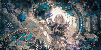 1girl absurdres bouquet candle candlestand closed_mouth dress expressionless fire flower frilled_dress frills full_body hair_intakes hair_ornament high_heels highres holding holding_bouquet lamp long_sleeves original plant purple_flower shards shoes sidelocks solo tassel white_flower yan_zi_yao_yu yellow_eyes