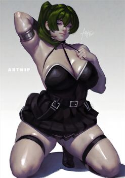 1girl arm_behind_head arm_up armlet artnip black_boots black_hair boots breasts cleavage curvy dress full_body gradient_background green_hair halter_dress halterneck hand_on_own_chest hand_up high_ponytail jewelry kneeling large_breasts ponytail short_dress solo sousou_no_frieren thigh_strap ubel_(sousou_no_frieren)