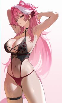 1girl absurdres alt_text animal_ears animal_print armpits arms_up bikini black_bikini black_choker breasts choker cleavage commentary criss-cross_halter english_commentary extra_ears eyeshadow gradient_background hair_intakes halterneck highres hololive hololive_english large_breasts leopard_print leopard_print_bikini long_hair makeup multicolored_hair navel panther_ears panther_girl panther_tail pink_background pink_bikini pink_hair pink_lips pink_tail print_bikini raituna raora_panthera red_eyeshadow solo streaked_hair swimsuit tail thigh_strap thighs virtual_youtuber white_background white_hair yellow_eyes