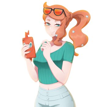 1girl absurdres aqua_eyes aqua_shirt black-framed_eyewear breasts closed_mouth collarbone eyewear_on_head gen_4_pokemon hair_ornament half-closed_eyes heart heart_hair_ornament highres long_hair medium_breasts midriff nintendo no_coat orange-tinted_eyewear orange_hair pokemon pokemon_swsh ribbed_shirt rotom rotom_phone seityr shirt side_ponytail side_ponytail_with_hair_base smile solo sonia_(pokemon) sunglasses swept_bangs tinted_eyewear v-neck