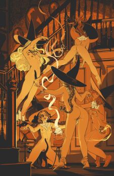 5girls ass black_cat book boots bracelet braid braided_ponytail breasts candle cat commentary curly_hair detached_collar english_commentary female_pubic_hair floating futanari glowing glowing_eyes hat highres jewelry kneeling magic medium_breasts multiple_girls nipples nude open_book original penis ponytail portrait_(object) pubic_hair pussy small_breasts stairs stomach testicles thurible wavy_hair winton_kidd witch witch_hat
