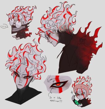 ... 1boy applying_makeup black_eyeliner black_shirt compact_(cosmetics) cosmetics dandadan dewa-chan english_text eyeliner facial_mark furrowed_brow highres holding holding_compact makeup male_focus multicolored_hair parted_bangs red_eyes red_hair round_eyewear shirt short_hair solo spoken_ellipsis streaked_hair takakura_ken_(dandadan) takakura_ken_(transformed)_(dandadan) teeth upper_body wavy_hair white_hair