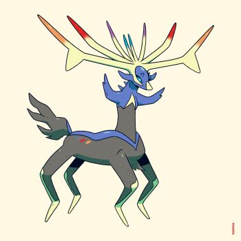 alternate_form expressionless full_body gen_6_pokemon highres horns legendary_pokemon meme nintendo no_humans original_form_pokemon_(meme) parody pedro_larez pokemon pokemon_(creature) simple_background solo standing what xerneas
