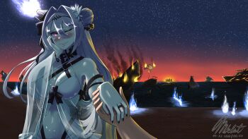 1girl arbiter_the_empress_iii_(azur_lane) azur_lane bikini blue_fire blush breasts commission fire grey_hair hair_between_eyes hair_bun highres horns jewelry large_breasts long_hair looking_at_viewer maikeruexe marriage_proposal navel night night_sky one_eye_closed pov pov_hands purple_eyes ring ship signature single_horn single_side_bun sinking siren_(azur_lane) sky star_(sky) starry_sky swimsuit very_long_hair watercraft white_bikini