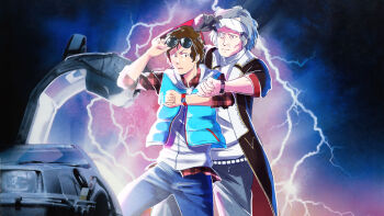 2boys adjusting_eyewear aged_up aqua_vest artificial_eye artist_name back_to_the_future blue_pants brown_coat brown_eyes brown_hair car clenched_hand coat commentary delorean english_commentary eyewear_on_head fingernails gloves grey_hair grey_hoodie grey_pants hood hood_down hoodie junpei_(kyokugen_dasshutsu) keycrash kyokugen_dasshutsu kyokugen_dasshutsu:_9_jikan_9_nin_9_no_tobira kyokugen_dasshutsu_adv:_zennin_shibou_desu lightning long_sleeves male_focus mechanical_eye motor_vehicle multiple_boys old old_man open_clothes open_coat open_mouth open_vest pants plaid_clothes plaid_shirt poster_parody red_shirt shirt shirt_under_hoodie short_hair sigma_(kyokugen_dasshutsu) single_glove spoilers sunglasses vest watch white_shirt wristwatch