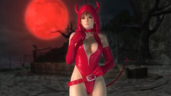 1girl 3d belt breasts brown_eyes brown_hair choker cleavage costume dead_or_alive dead_or_alive_5 devil elbow_gloves fake_horns female_focus full_moon gloves halloween halloween_costume horns large_breasts matching_hair/eyes moon night night_sky official_art official_wallpaper phase-4 red_gloves sky solo tail tecmo zipper