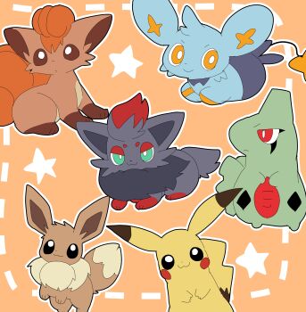 0kazu10001 absurdres black_eyes brown_eyes eevee gen_1_pokemon gen_2_pokemon gen_4_pokemon gen_5_pokemon green_eyes grey_hair highres larvitar multicolored_hair nintendo no_humans orange_background orange_hair pikachu pokemon pokemon_(creature) red_eyes red_hair shinx simple_background smile two-tone_hair vulpix yellow_eyes zorua