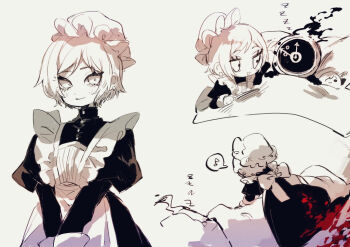 Rule 34 | 1girl, 1other, clock, closed mouth, commentary, dante (limbus company), fire, greyscale, juliet sleeves, limbus company, long sleeves, looking at viewer, mochigome 138, monochrome, object head, outis (project moon), project moon, puffy sleeves, short hair, sleeping, smile, spot color, untranslatable commentary, wrist cuffs