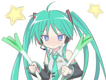 1girl bare_shoulders blue_eyes blush closed_mouth collared_shirt cosplay detached_sleeves green_hair grey_shirt hatsune_miku headset highres hiiragi_kagami holding kmym97457689 long_hair looking_at_viewer lucky_star microphone miku_day necktie shirt simple_background solo spring_onion standing star_(symbol) twintails upper_body vocaloid white_background