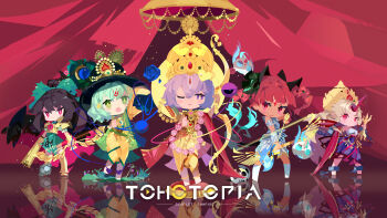 5girls :< absurdres alternate_costume animal_ears arm_cannon armor arrow_(projectile) asymmetrical_footwear barefoot bird_wings black_hat blonde_hair blue_flower blue_rose blush bow bow_(weapon) braid breastplate broken broken_chain cape cat_ears cat_tail chain closed_mouth control_rod_(touhou) copyright_name crown cuffs cup drawing_bow dress extra_ears eyeball facial_mark fang fire flaming_skull floating_skull flower forehead_mark full_body gold_armor gold_crown green_bow green_eyes green_hair green_skirt hair_bow hat heart heart_of_string highres holding holding_arrow holding_bow_(weapon) holding_cup holding_weapon horns hoshiguma_yuugi indian_clothes kaenbyou_rin komeiji_koishi komeiji_satori long_hair looking_at_viewer mismatched_footwear multiple_girls multiple_tails official_art one_eye_closed oni open_mouth pink_eyes purple_eyes purple_hair purple_shirt red_cape red_eyes red_hair red_horns reflective_floor reiuji_utsuho rose sakazuki shackles shirt short_hair shoulder_armor single_horn skirt skull smile solo strapless tail tan third_eye third_eye_on_chest tohotopia touhou tube_top twin_braids two_tails vajra_(object) very_long_hair wanzilala16 weapon white_dress white_tube_top wings
