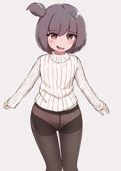 1girl black_pantyhose blush bow bow_panties brown_eyes brown_hair crotch_seam embarrassed flat_chest grey_background kai_ooo1 loli long_sleeves looking_at_viewer open_mouth original panties panties_under_pantyhose pantyhose ponytail short_hair side_ponytail smile standing sweater turtleneck turtleneck_sweater underwear white_panties white_sweater