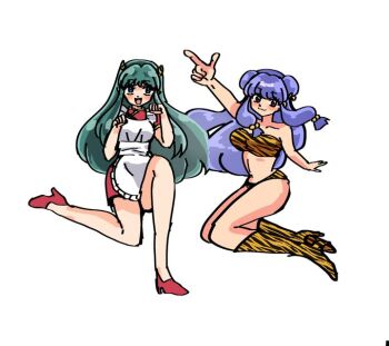 2girls apron bra china_dress chinese_clothes double_bun dress green_hair hair_bun horns long_hair lum multiple_girls oni panties purple_hair ranma_1/2 shampoo_(ranma_1/2) sidelocks striped_bra striped_clothes striped_panties underwear urusei_yatsura white_apron