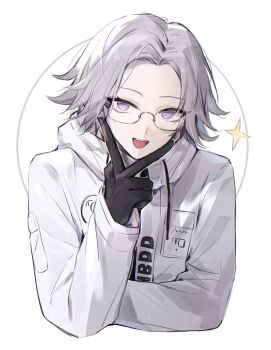 Rule 34 | 1boy, :d, aotsuki eito, bad anatomy, bad hands, black gloves, breast pocket, chinese commentary, commentary request, cropped torso, fishicon, glasses, gloves, grey hair, hand up, highres, jacket, long fingers, looking at viewer, male focus, open mouth, pocket, purple eyes, ringed eyes, short hair, simple background, smile, solo, sparkle, the hundred line -last defense academy-, v, white background, white jacket