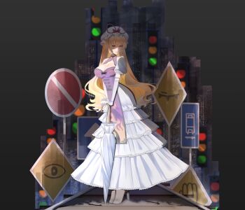 1girl absurdres blonde_hair breasts city cleavage dress elbow_gloves frilled_dress frills full_body gloves hat hat_ribbon high_heels highres long_hair mob_cap no_noru parasol planted planted_umbrella puffy_short_sleeves puffy_sleeves purple_eyes purple_tabard ribbon road_sign short_sleeves sign smile solo standing tabard touhou traffic_light trigram umbrella yakumo_yukari
