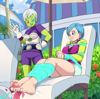 2girls absurdres barefoot bdsm black_bra blue_eyes blue_hair blush bondage bound bound_arms bound_legs bound_wrists bra breasts bulma cheelai cleavage colored_skin dragon_ball dragon_ball_super dragon_ball_super_broly gag gagged green_skin grey_hair hand_on_own_hip highres improvised_gag jacket jewelry large_breasts legs lost_one_zero matching_hair/eyes mature_female medium_breasts multiple_girls nail_polish necklace one_eye_closed open_clothes open_jacket purple_eyes scouter shorts sweat tape tape_gag thighs tickling toenail_polish toenails underwear white_shorts wink