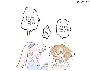 1boy 1girl animal_ears blue_sweater blunt_bangs blunt_sidelocks blush chibi chibi_only collared_shirt commentary dog_boy dog_ears english_commentary from_side genshin_impact gorou_(genshin_impact) gradient_hair hands_up highres holding long_hair long_sleeves multicolored_hair open_mouth ponytail sangonomiya_kokomi shirt short_hair short_sleeves sidelocks simple_background speech_bubble sweater trembling twitter_username two-tone_hair unholymilk upper_body white_background white_shirt